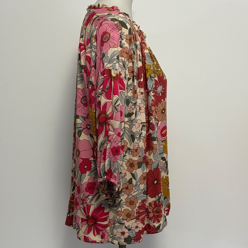 Entro Floral Blouse Small Pink Mustard Retro Boho Ruffle V-Neck Cottagecore - Picture 4 of 8
